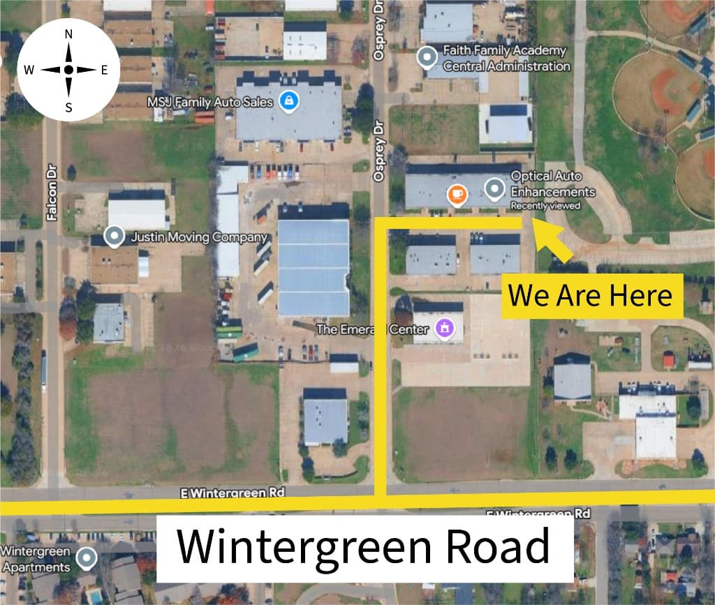 Aerial map showing the driving route from E Wintergreen Road north on Osprey Drive to Optical Auto Enhancements at 1516 Osprey Dr in DeSoto